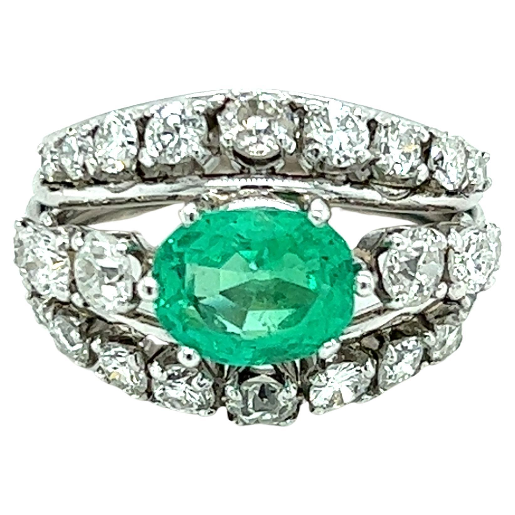 Natural Emerald & European Cut Diamond Dome Ring in Platinum  For Sale