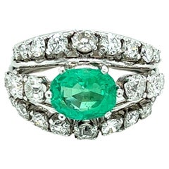 Retro Natural Emerald & European Cut Diamond Dome Ring in Platinum 