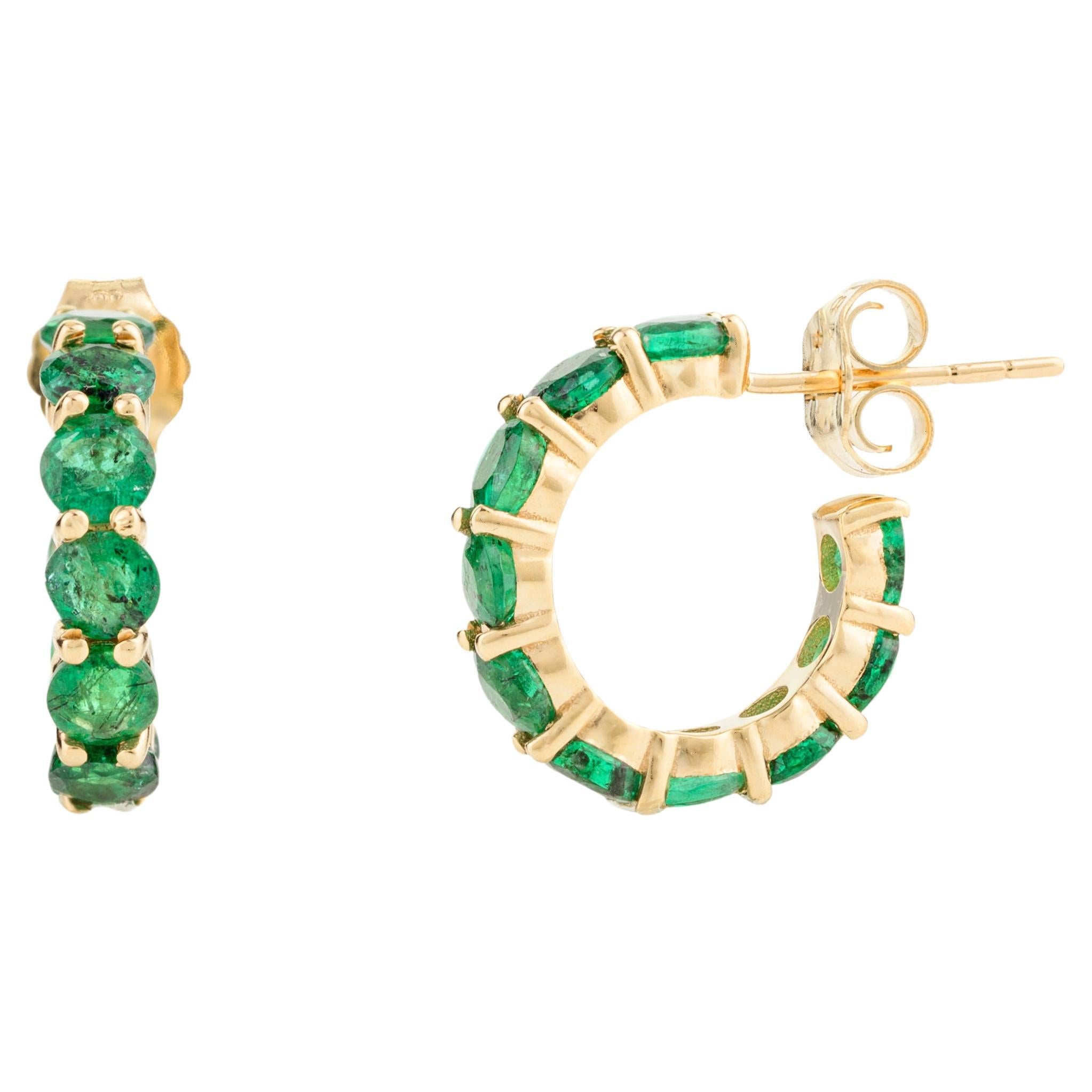 Natural Emerald Everyday Huggie Hoop Earrings Made in 18k Solid Yellow Gold