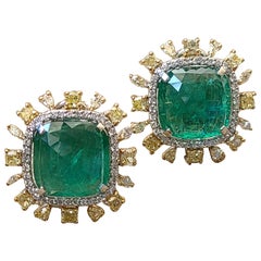 Natural Emerald Faceted Cabochon and Diamond Earrings/Studs Set in 18 Karat Gold Natural Emerald Faceted Cabochon and Diamond Earrings/Studs Set in 18 Karat Gold