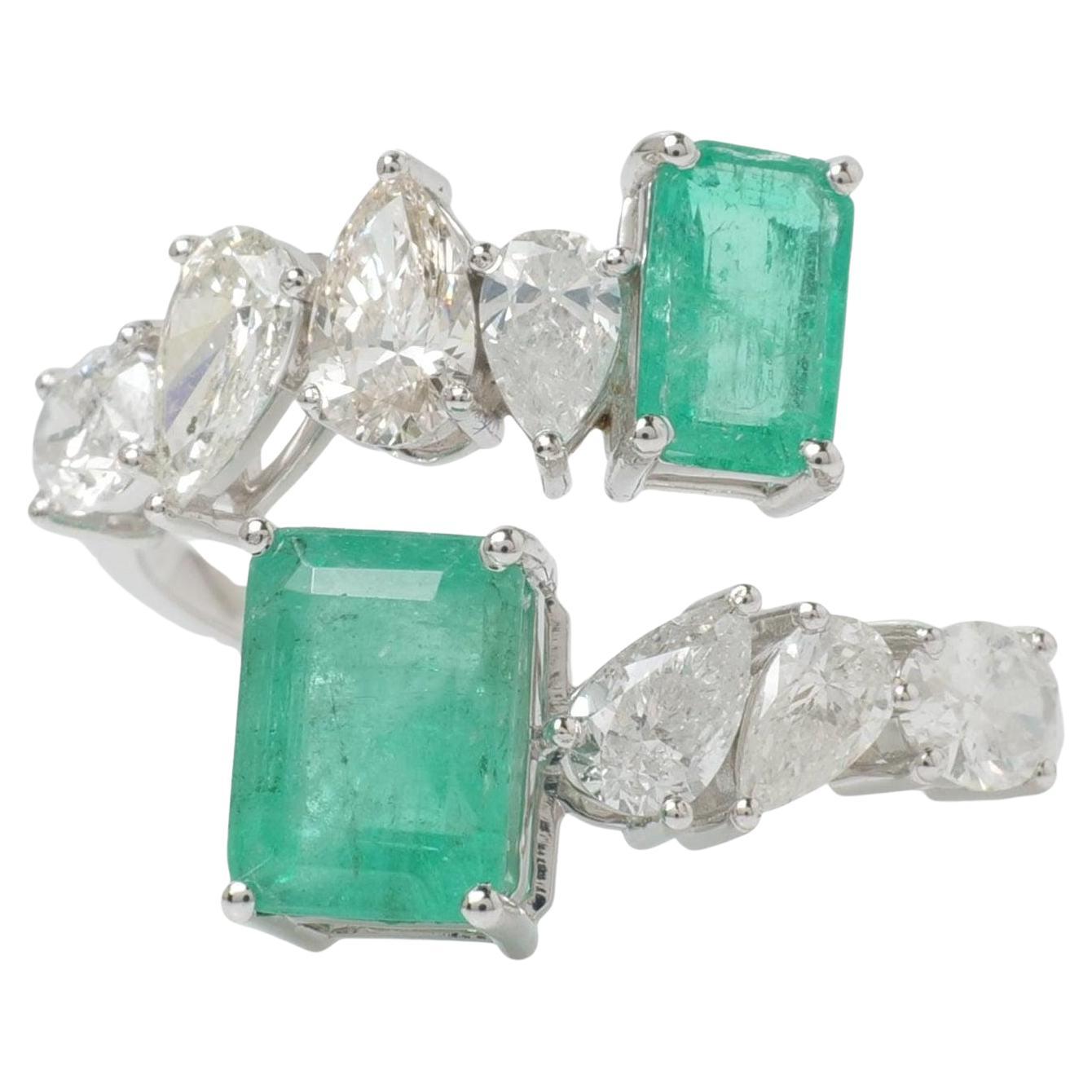 Natural Emerald & Fancy Diamond Bypass Ring in 14K Solid Gold (Certified)