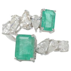 Natural Emerald & Fancy Diamond Bypass Ring in 14K Solid Gold (Certified)