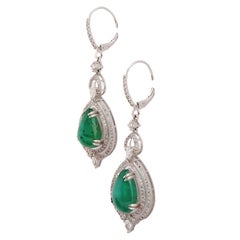 18K Gold Emerald and Diamond Halo Earrings, 12.23ct Emerald, New