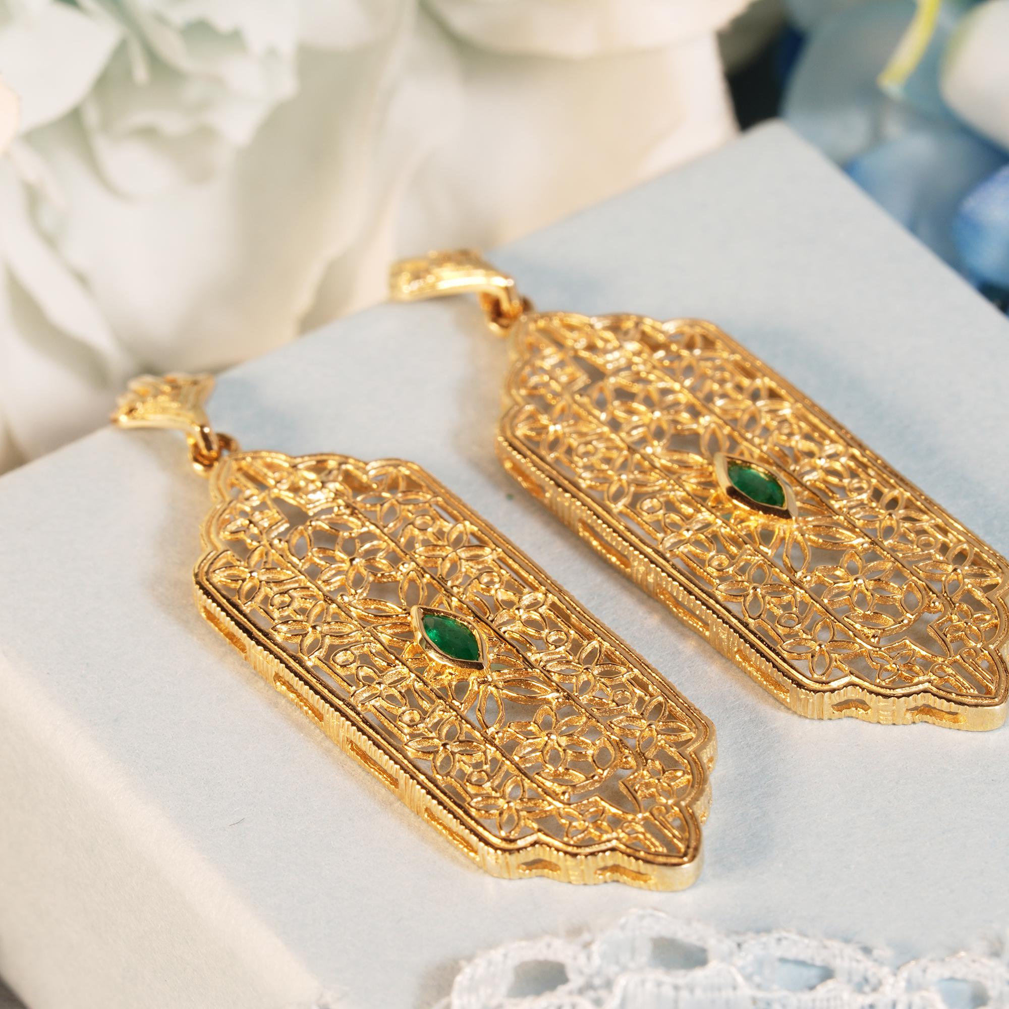 Women's Natural Emerald Filigree Dangle Earrings in Solid 9K Yellow Gold For Sale