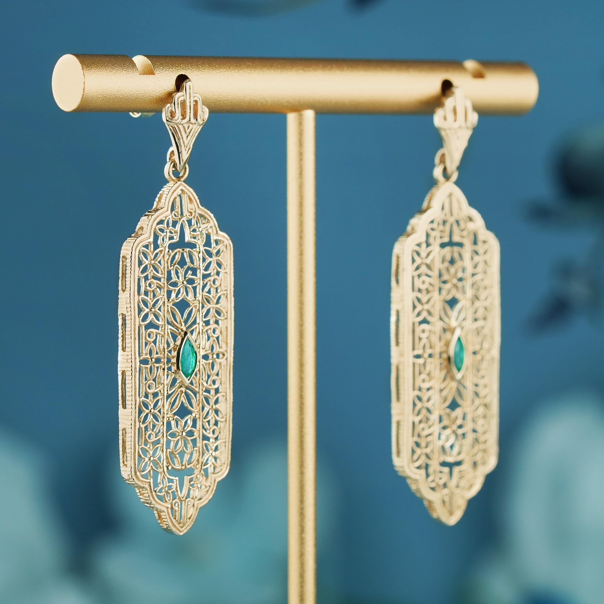 Edwardian Natural Emerald Filigree Dangle Earrings in Solid 9K Yellow Gold For Sale
