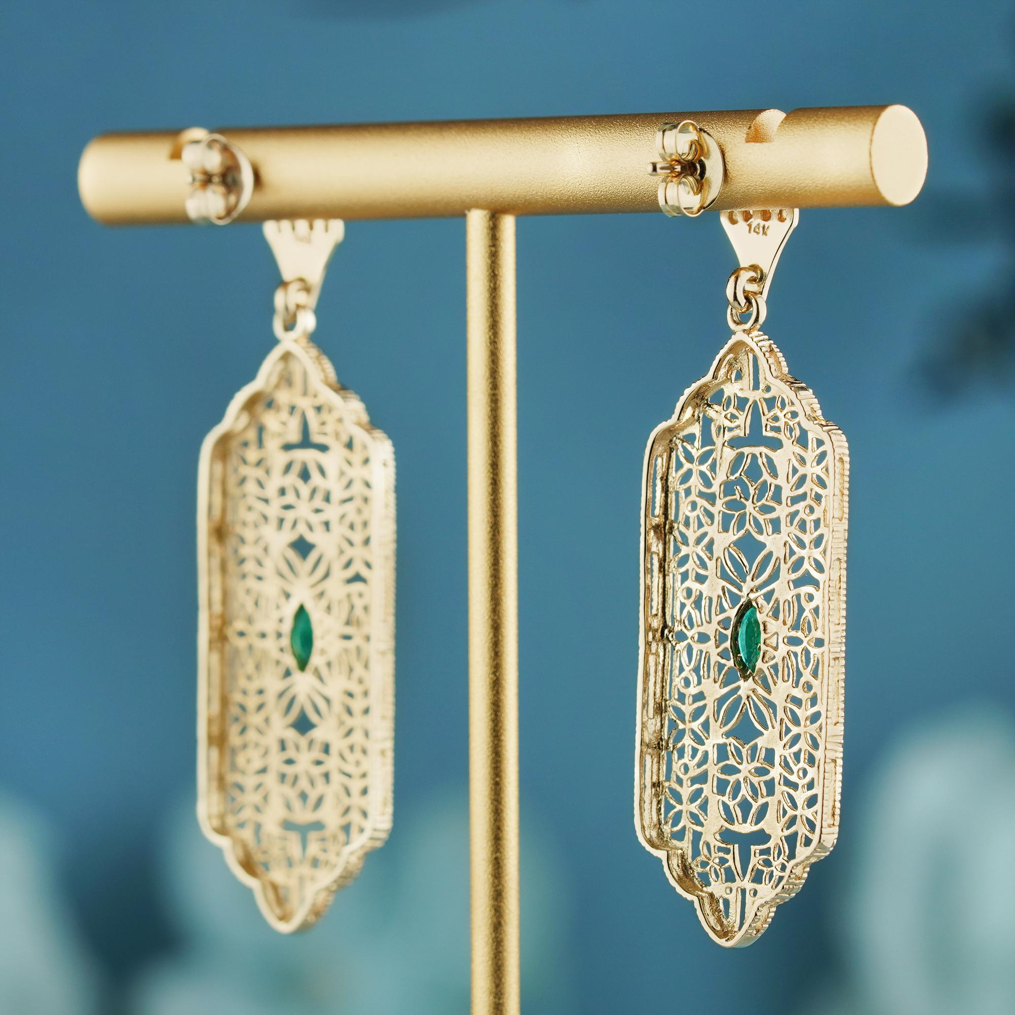 Marquise Cut Natural Emerald Filigree Dangle Earrings in Solid 9K Yellow Gold For Sale