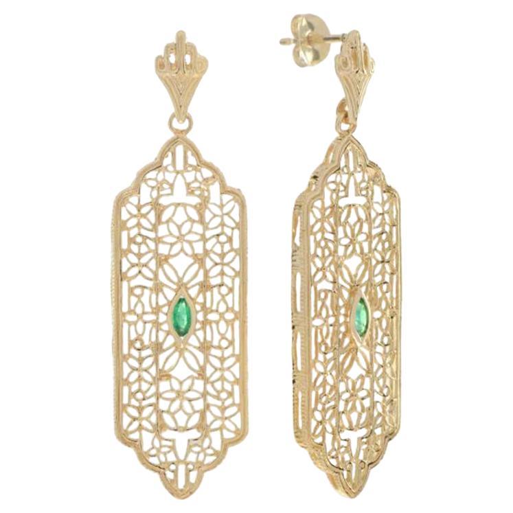 Natural Emerald Filigree Dangle Earrings in Solid 9K Yellow Gold For Sale