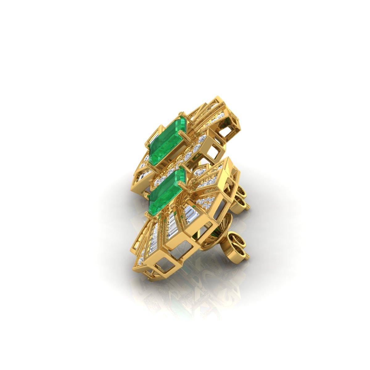 Moderne Boucles d'oreilles Emeraude Naturelle Baguette Diamant Or jaune 18 carats en vente
