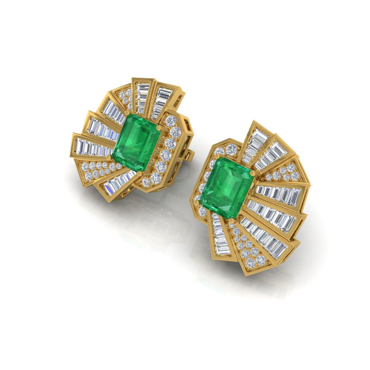 Taille émeraude Boucles d'oreilles Emeraude Naturelle Baguette Diamant Or jaune 18 carats en vente