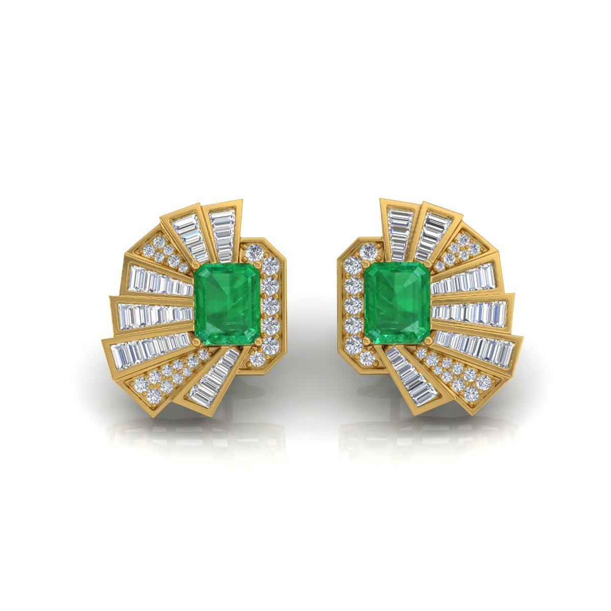 Boucles d'oreilles Emeraude Naturelle Baguette Diamant Or jaune 18 carats Neuf - En vente à Diera, Dubai