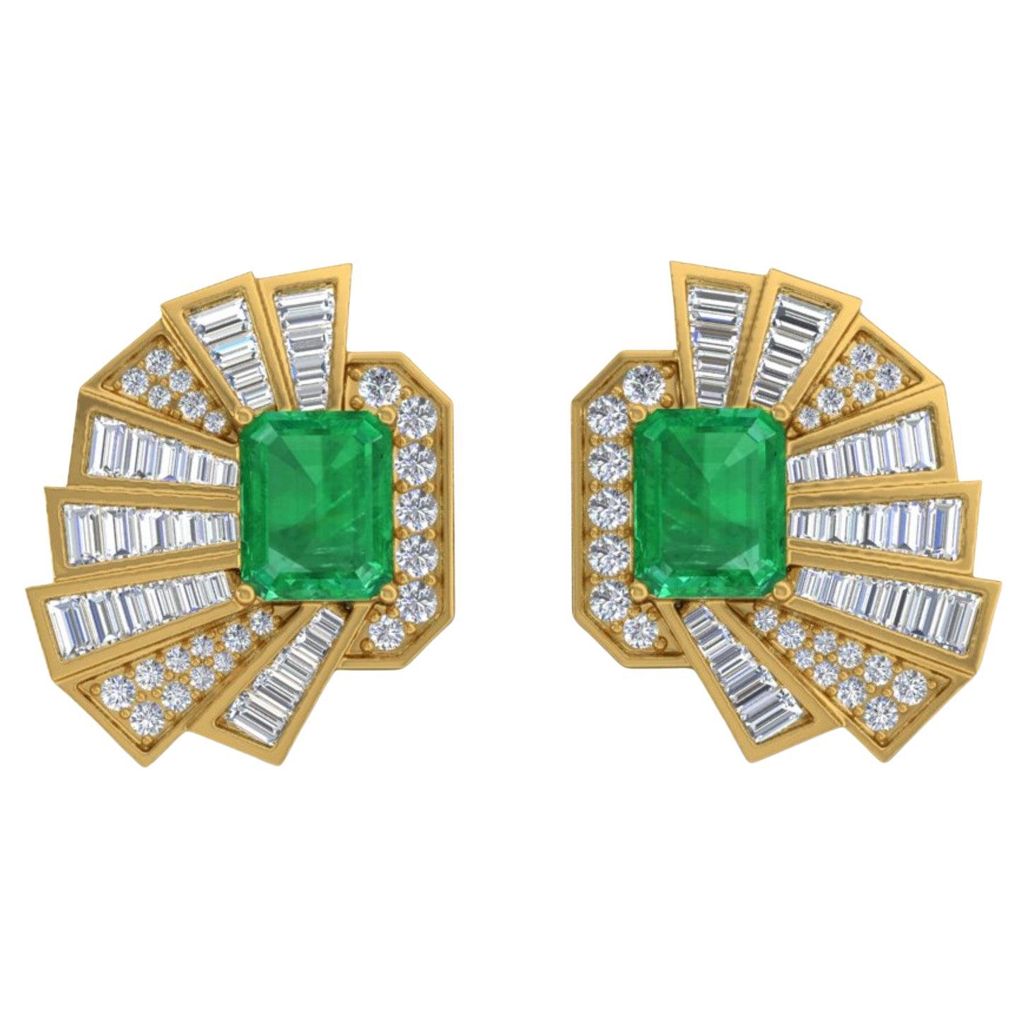 Boucles d'oreilles Emeraude Naturelle Baguette Diamant Or jaune 18 carats en vente