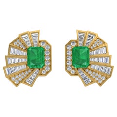 Boucles d'oreilles Emeraude Naturelle Baguette Diamant Or jaune 18 carats