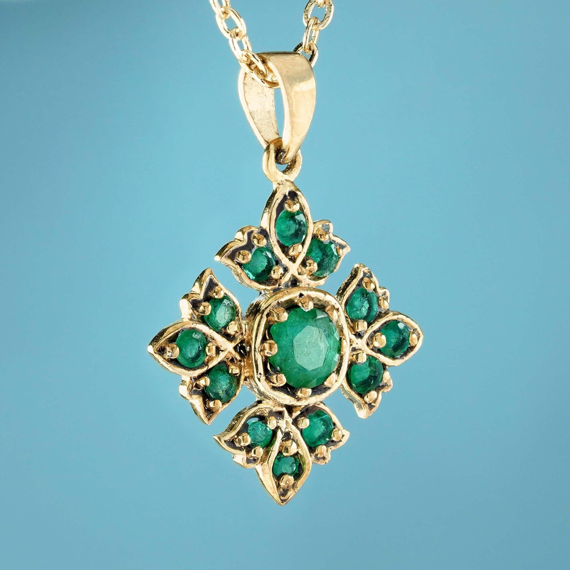 Edwardian Natural Emerald Floral Cluster Vintage Style Pendant in Solid 9K Yellow Gold