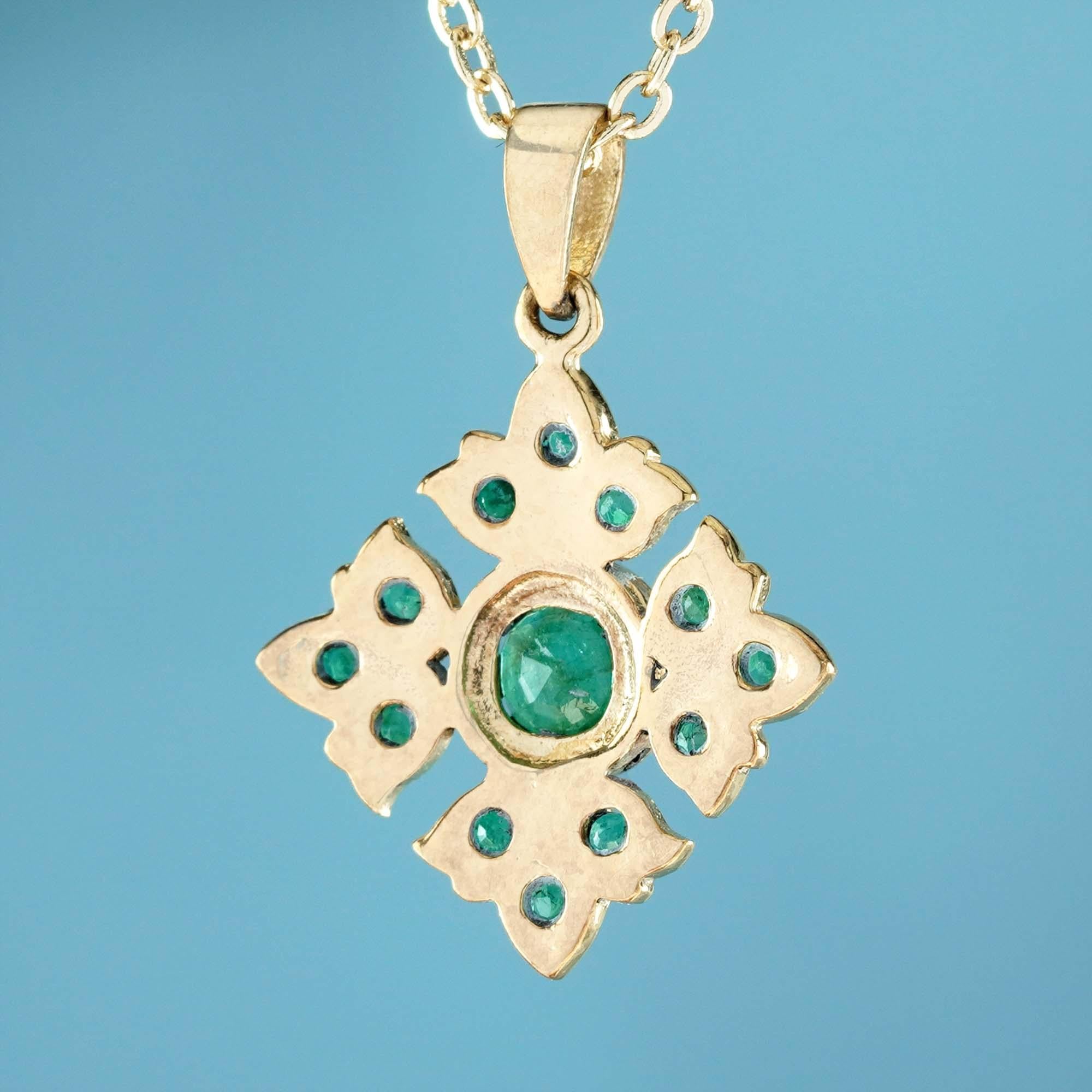 Round Cut Natural Emerald Floral Cluster Vintage Style Pendant in Solid 9K Yellow Gold
