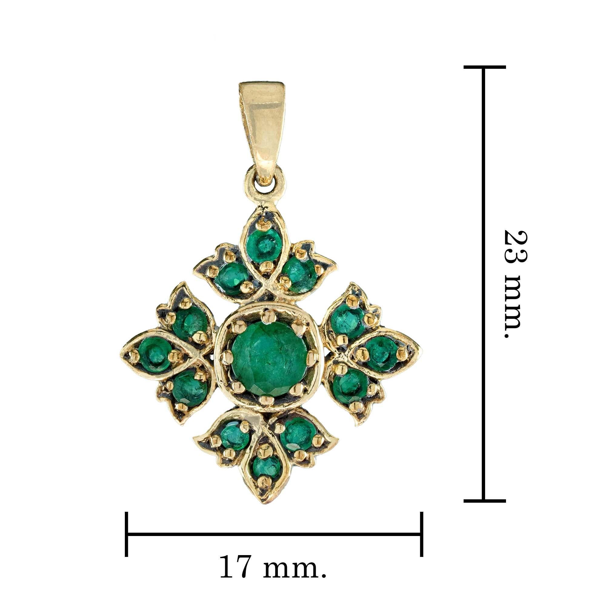 Natural Emerald Floral Cluster Vintage Style Pendant in Solid 9K Yellow Gold In New Condition In Bangkok, TH