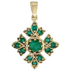 Natural Emerald Floral Cluster Vintage Style Pendant in Solid 9K Yellow Gold