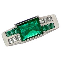 Natural Emerald French Cut Diamond Platinum Vintage Estate Band Ring