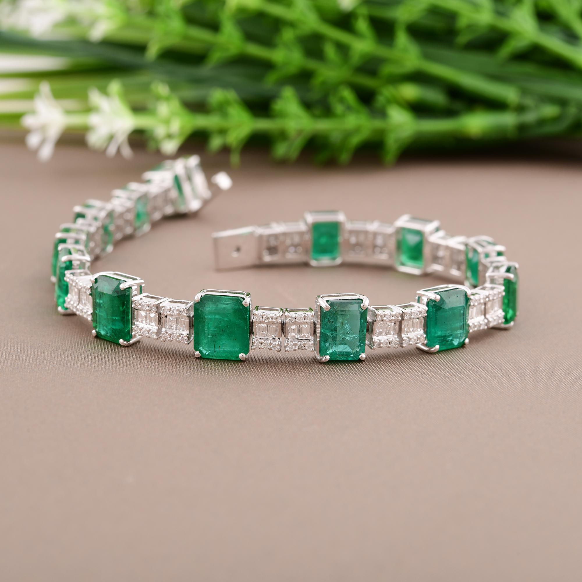 Emerald Cut Zambian Emerald Gemstone H/SI Diamond Bracelet 18 Karat White Gold 19.48 Tcw For Sale