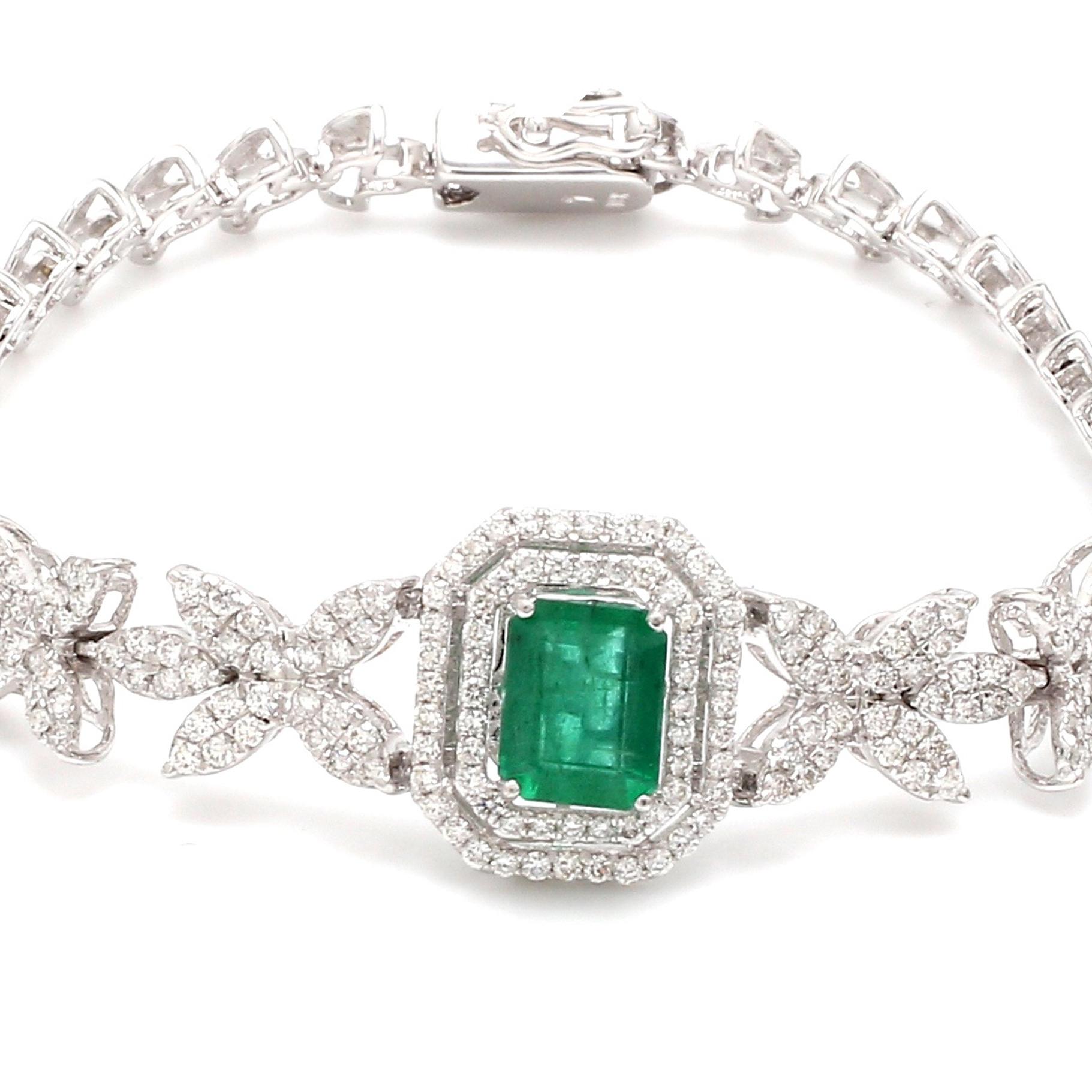 Emerald Cut Natural Emerald Gemstone Bracelet Diamond Pave 18 Karat White Gold Fine Jewelry For Sale