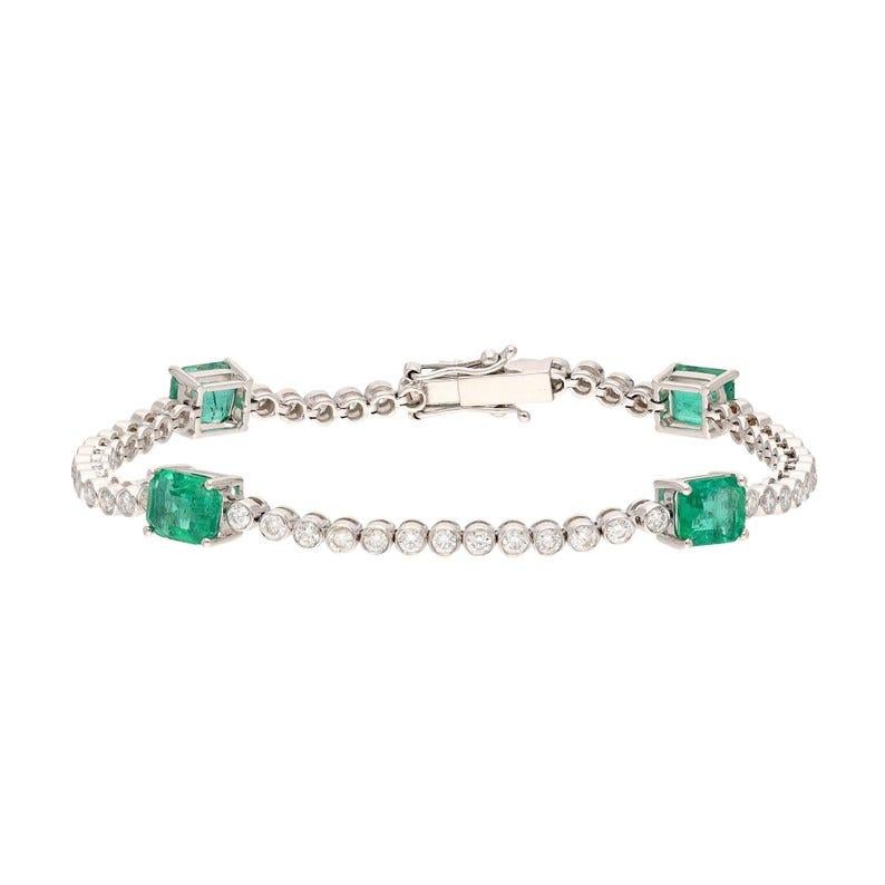 Natural Emerald Gemstone Bracelet, Solid 18k White Gold Natural Diamond Bangle In New Condition In jaipur, IN