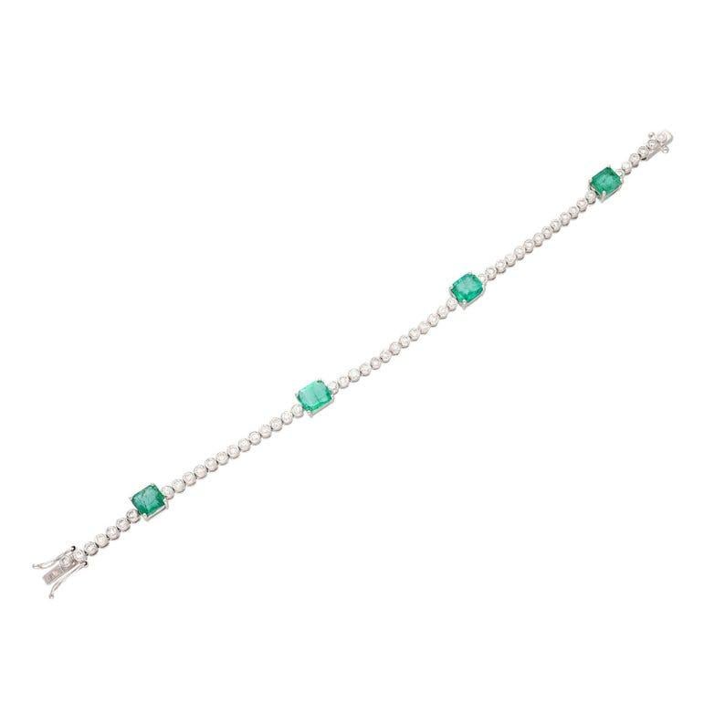 Women's Natural Emerald Gemstone Bracelet, Solid 18k White Gold Natural Diamond Bangle