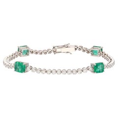 Natural Emerald Gemstone Bracelet, Solid 18k White Gold Natural Diamond Bangle