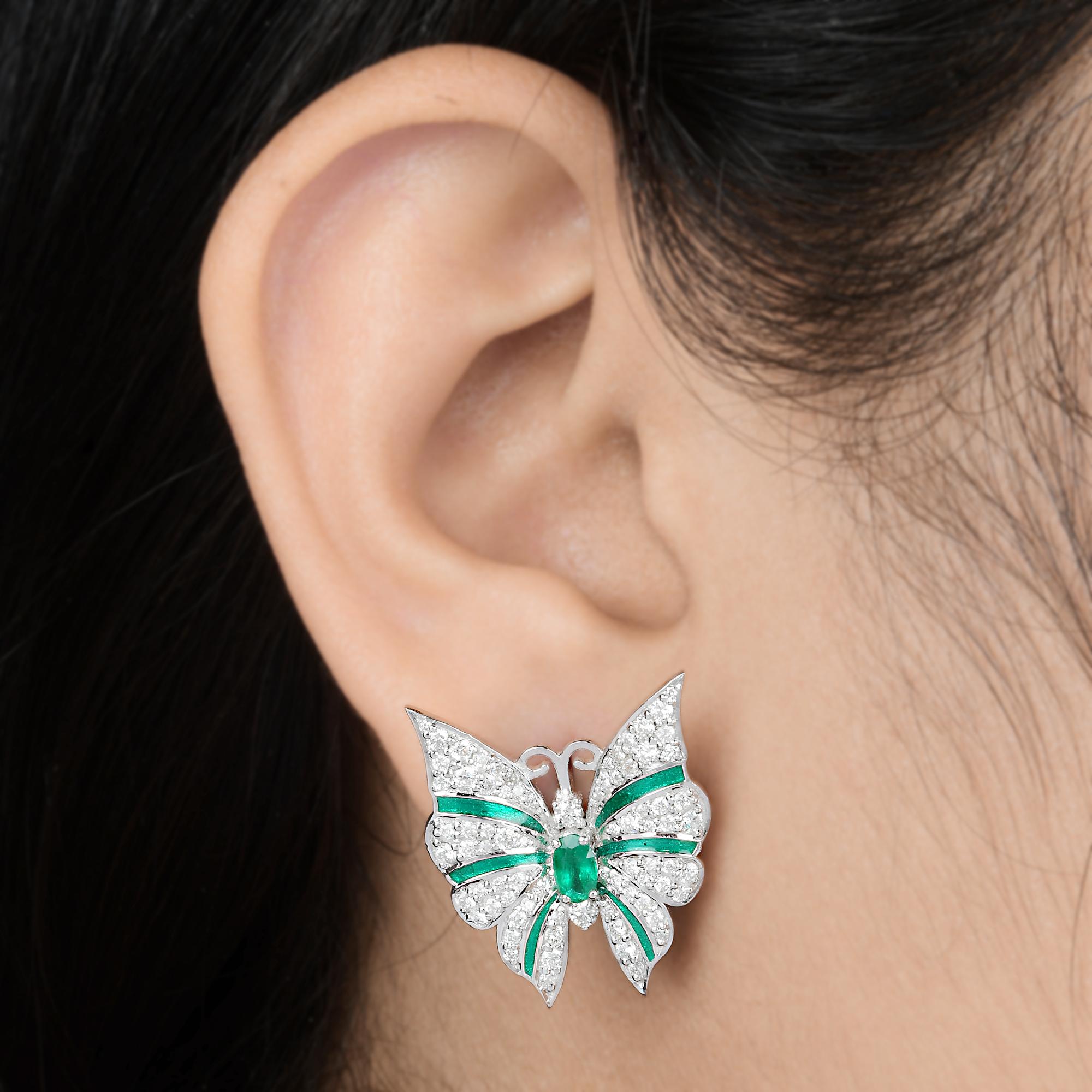 Modern Natural Emerald Gemstone Butterfly Stud Earrings Diamond 14k White Gold Jewelry For Sale
