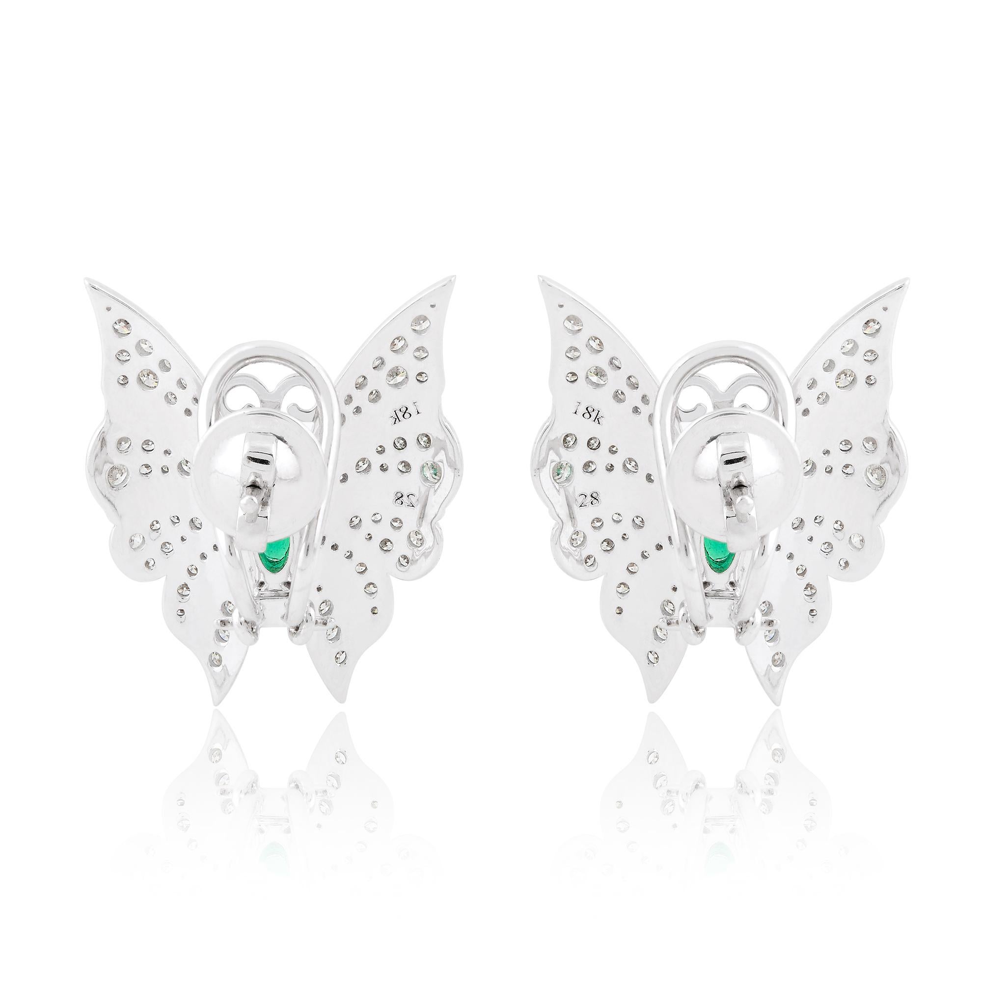 Round Cut Natural Zambian Emerald Gemstone Butterfly Earrings Diamond 18k Solid White Gold For Sale