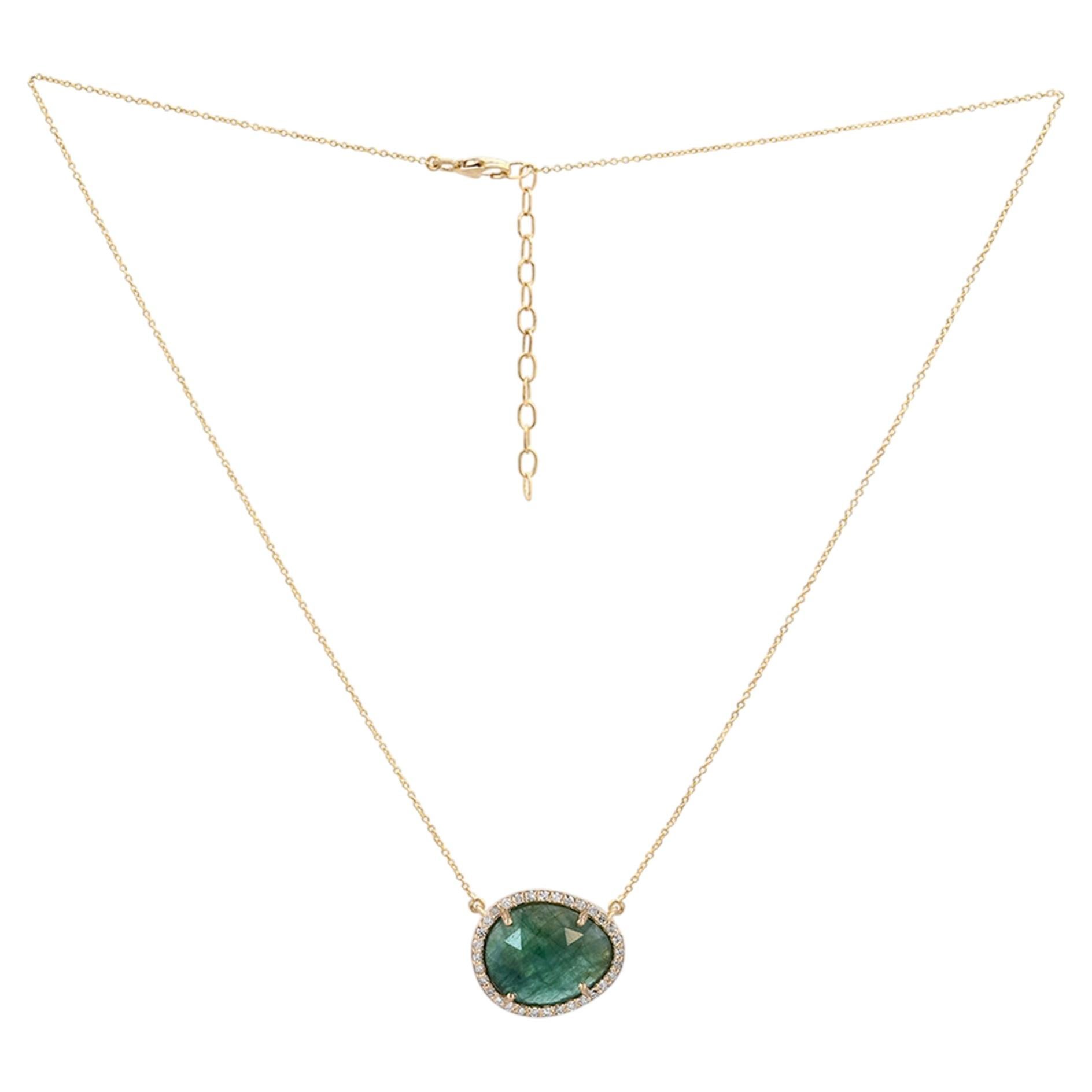 Natural Emerald Gemstone Chain Necklace Natural Diamond 14k Yellow Gold Jewelry