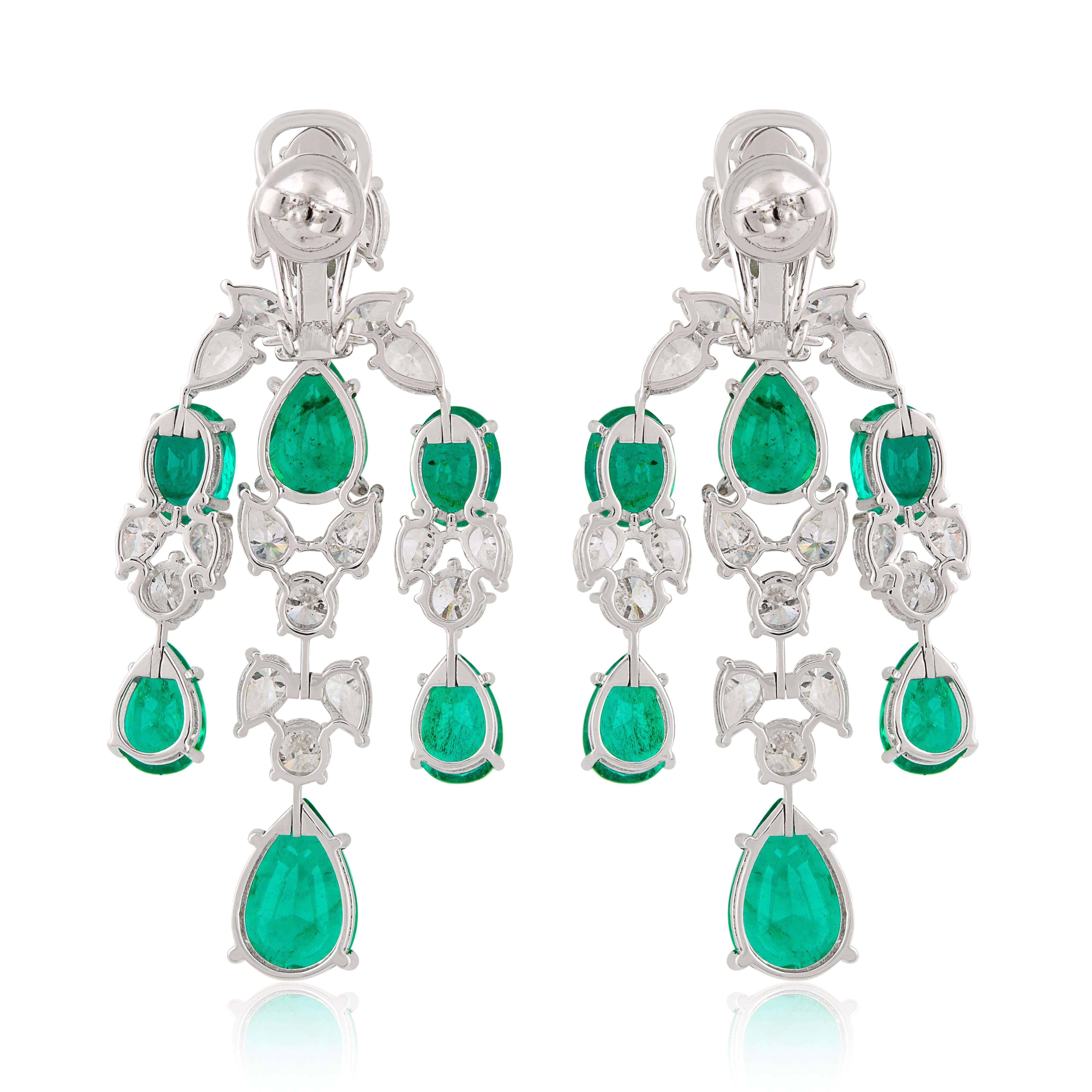 Women's Natural Emerald Gemstone Chandelier Earrings Diamond 14k White Gold Fine Jewelry For Sale