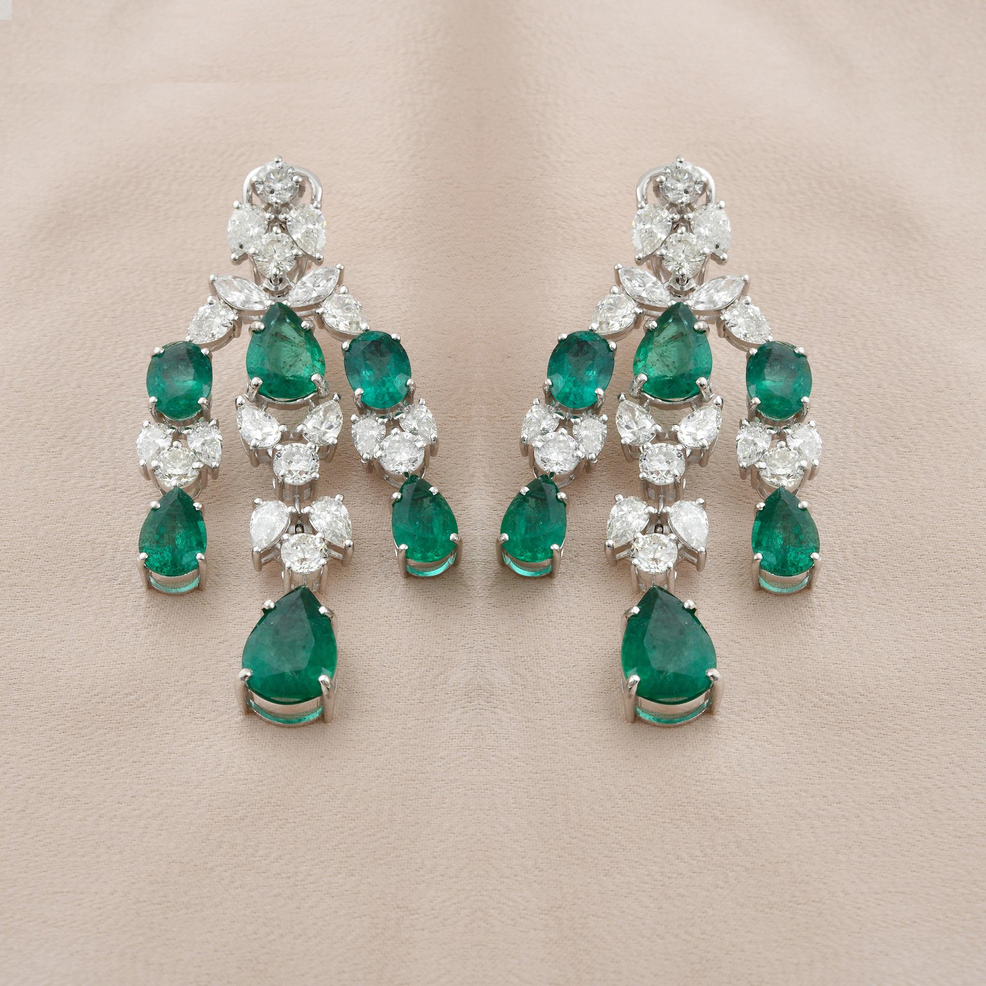 Natural Emerald Gemstone Chandelier Earrings Diamond 18k White Gold Fine Jewelry In New Condition For Sale In Diera, Dubai