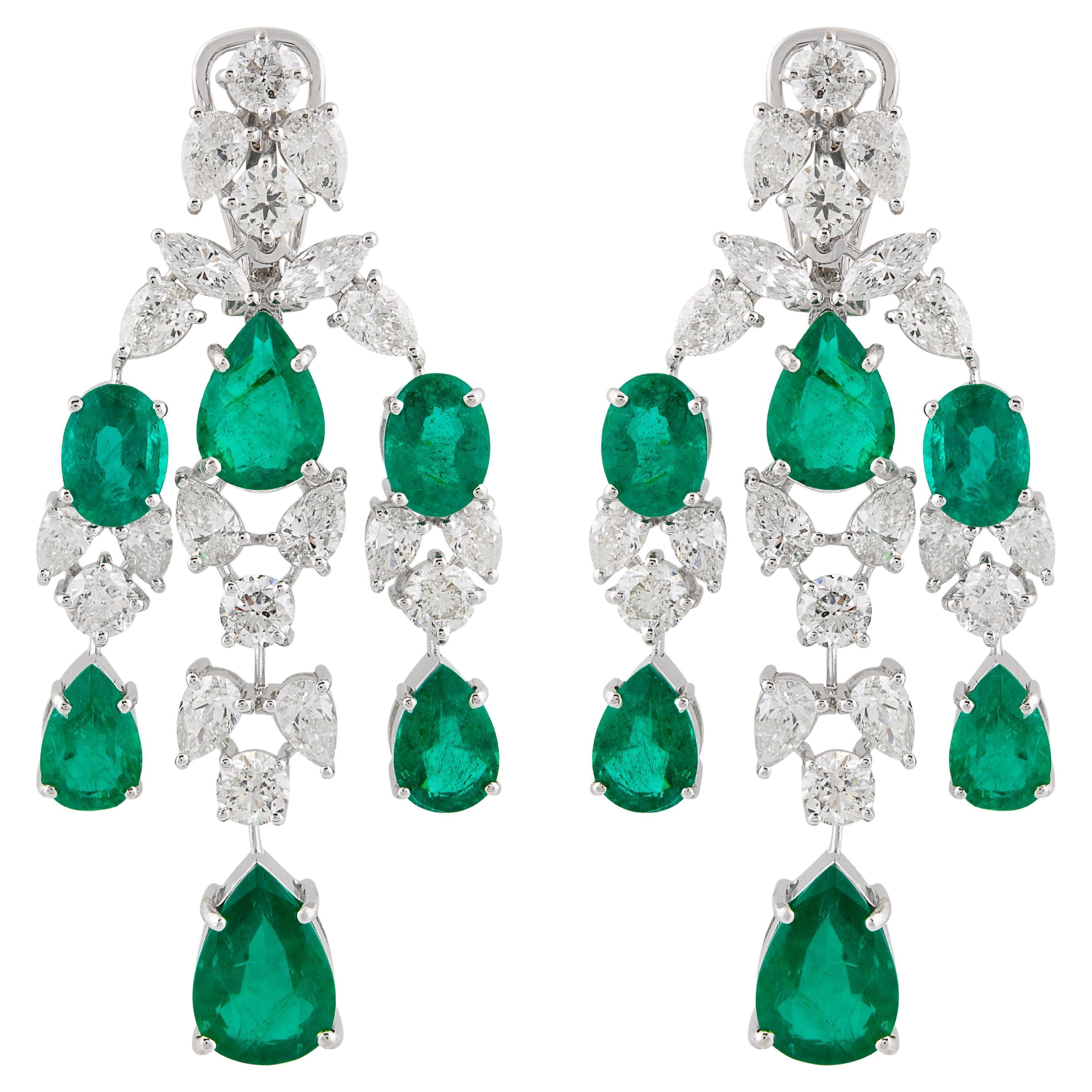 Natural Emerald Gemstone Chandelier Earrings Diamond 18k White Gold Fine Jewelry