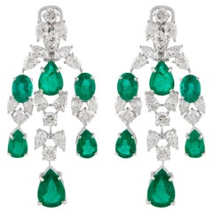 Boucles d'oreilles chandelier Emeraude Naturelle Diamant Or Blanc 18k Fine Jewelry