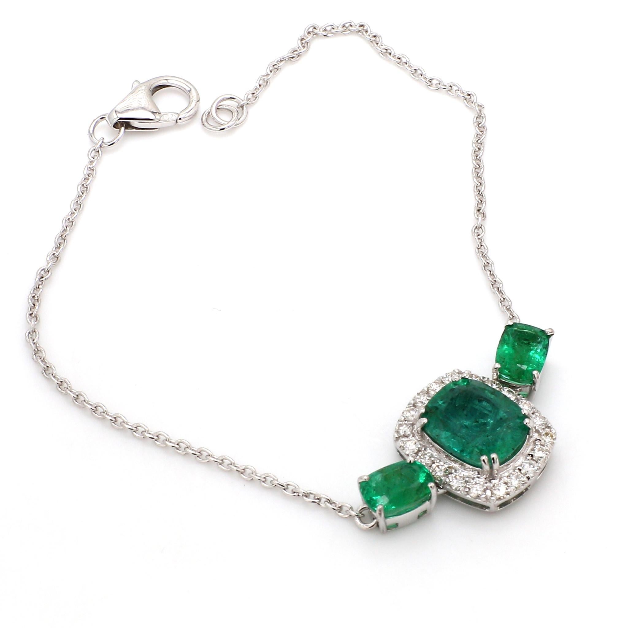 Octagon Cut Natural Emerald Gemstone Charm Bracelet Diamond Pave 14 Karat White Gold Jewelry For Sale