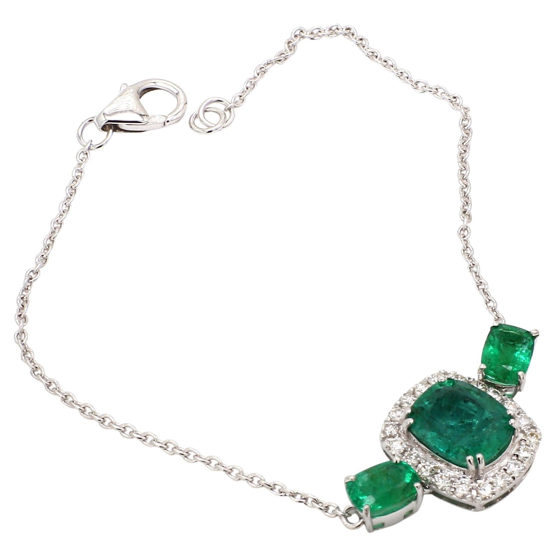 Natural Emerald Gemstone Charm Bracelet Diamond Pave 14 Karat White Gold Jewelry