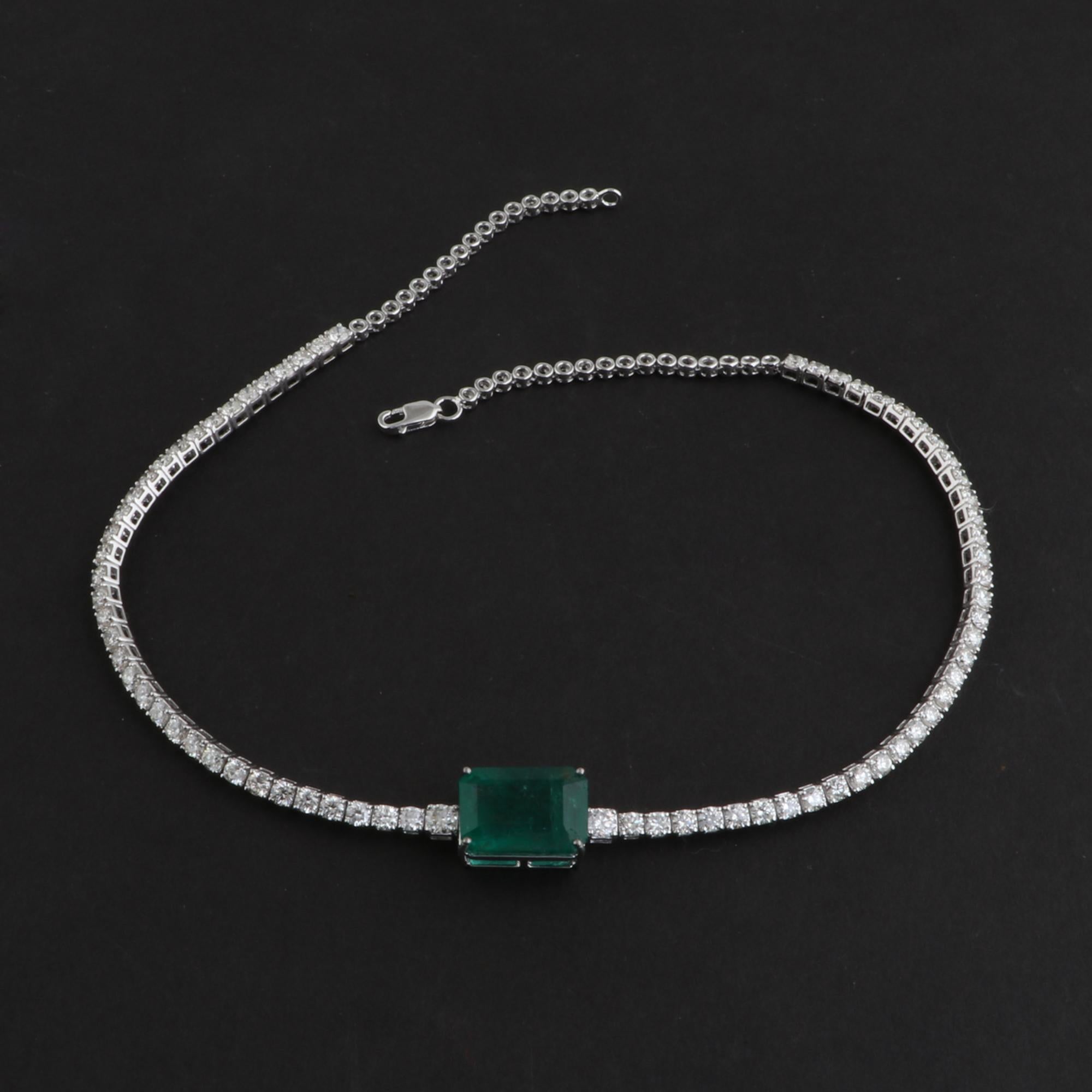Emerald Cut Natural Emerald Gemstone Charm Necklace Diamond 14 Karat White Gold Fine Jewelry For Sale