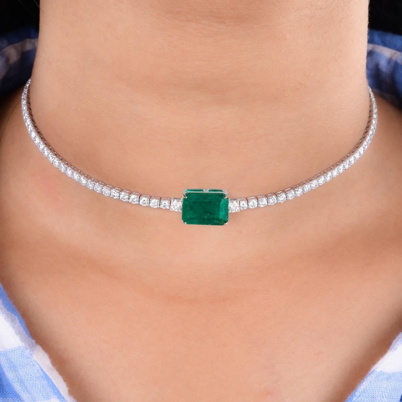 Natural Emerald Gemstone Charm Necklace Diamond 14 Karat White Gold Fine Jewelry For Sale 1