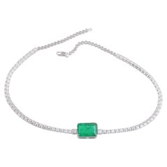 Natural Emerald Gemstone Charm Necklace Diamond 14 Karat White Gold Fine Jewelry
