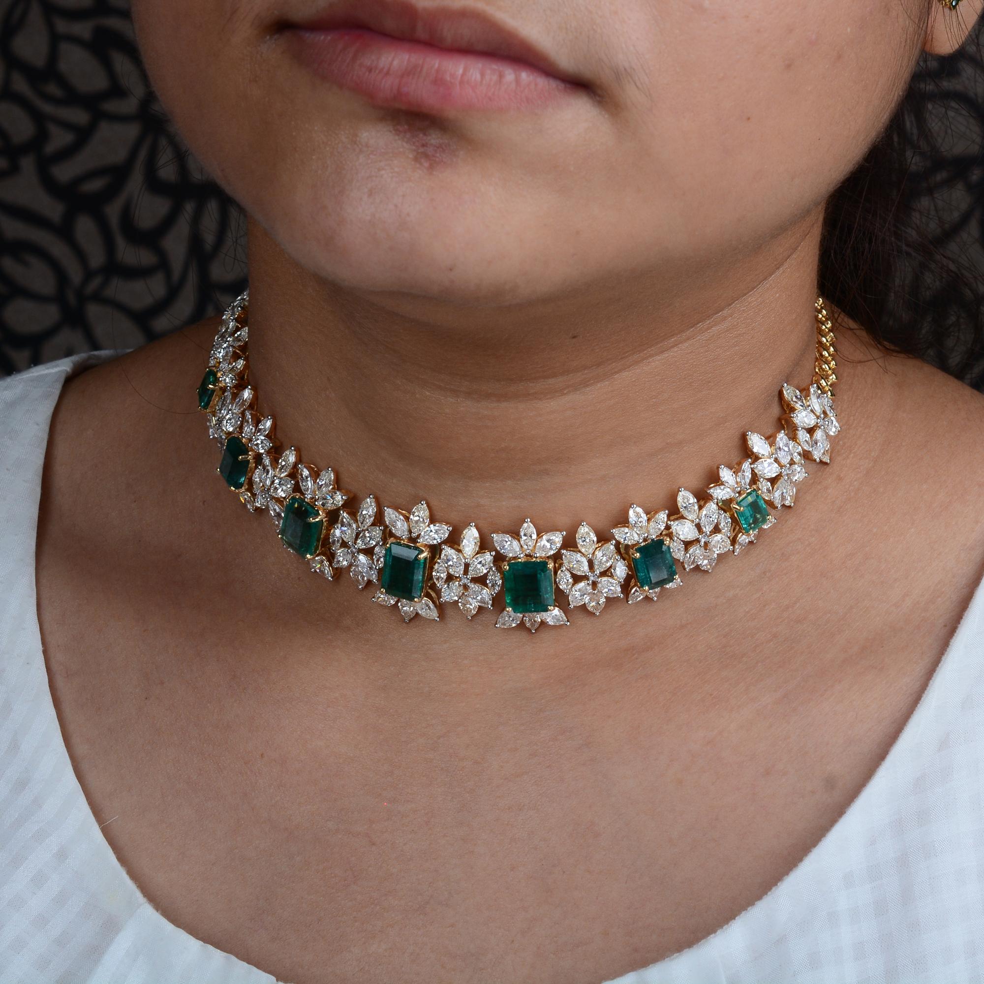 Emerald Cut Natural Emerald Gemstone Choker Diamond Necklace 14 Karat White Gold Jewelry For Sale