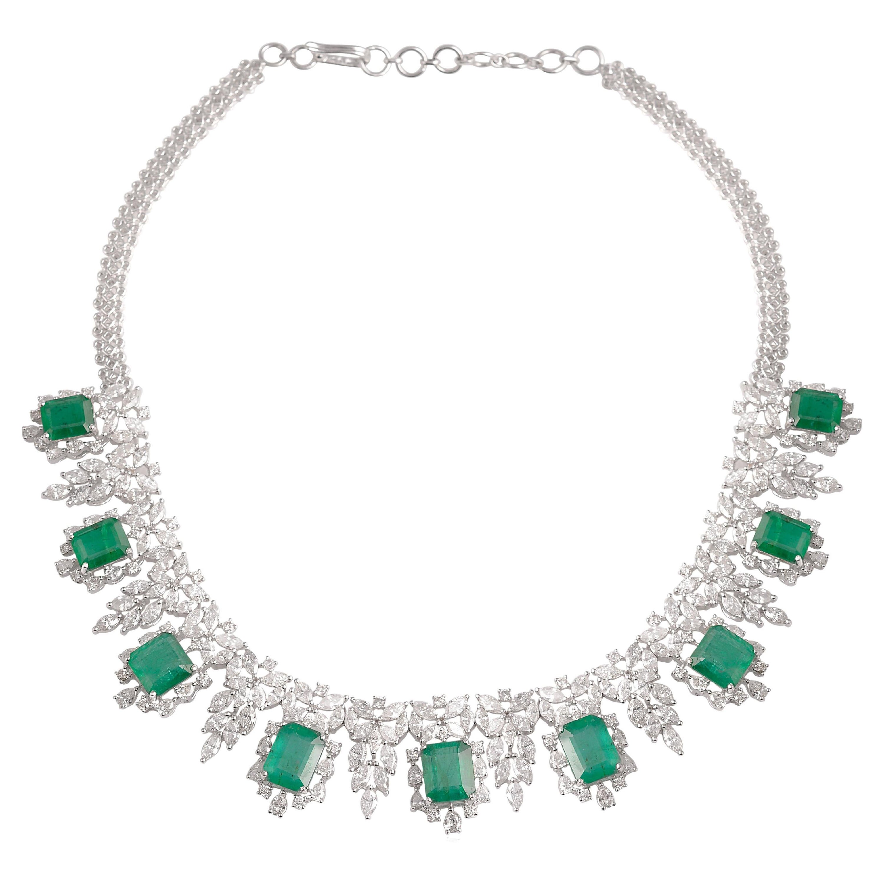 Natural Emerald Gemstone Choker Diamond Necklace 14 Karat White Gold Jewelry