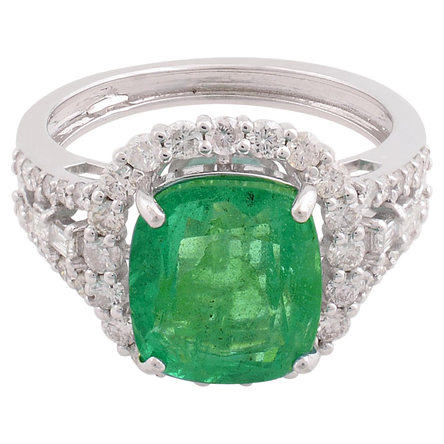 Natural Emerald Gemstone Cocktail Ring Diamond 10 Karat White Gold Fine Jewelry