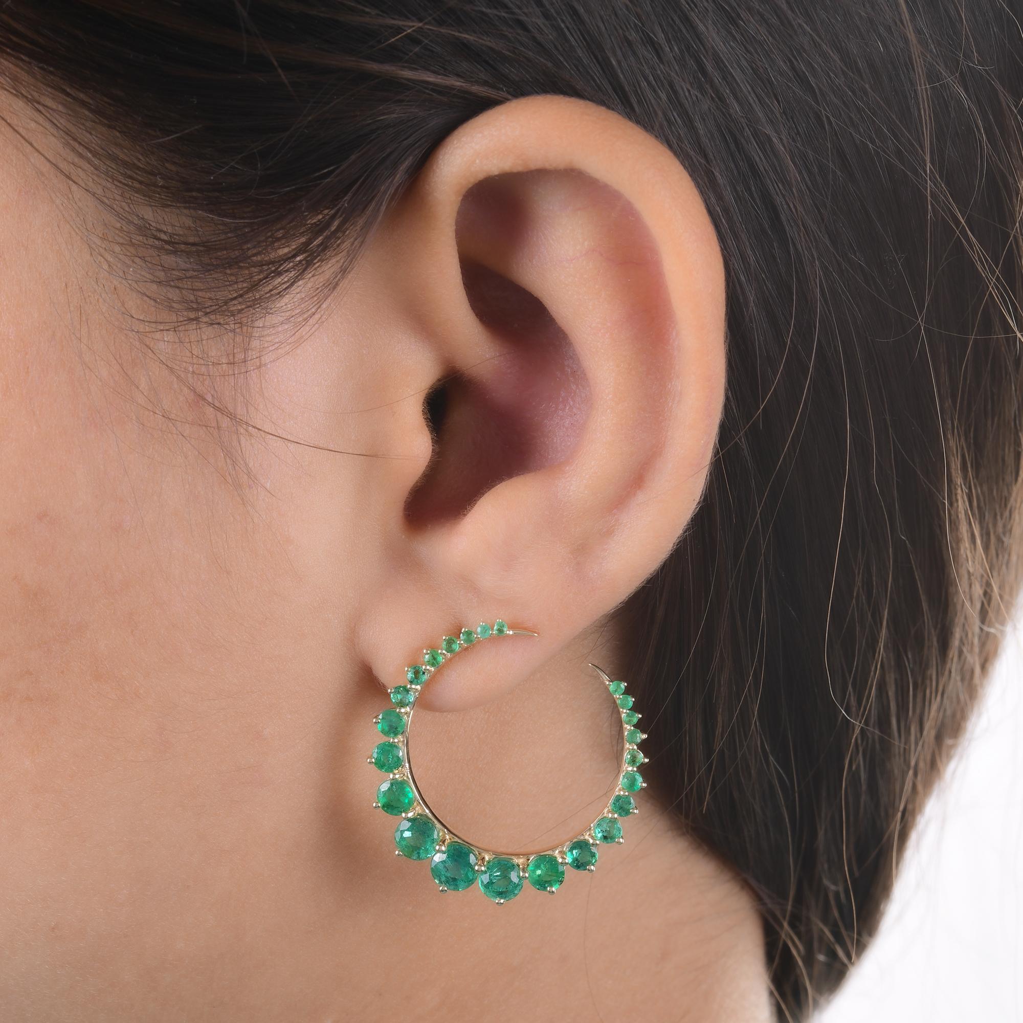 Modern Real Zambian Emerald Gemstone Crescent Moon Earrings 18 Karat Solid Yellow Gold For Sale