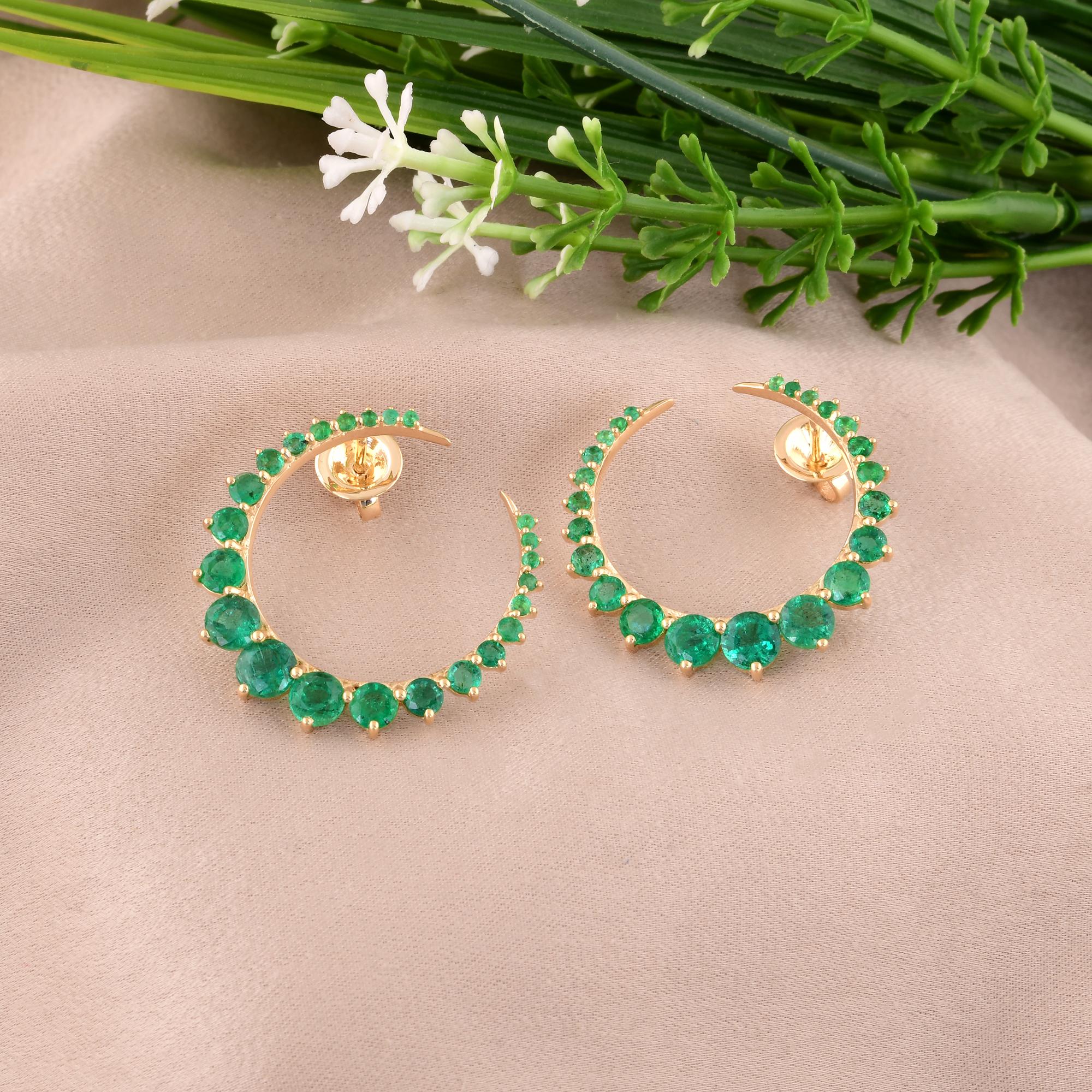 Round Cut Real Zambian Emerald Gemstone Crescent Moon Earrings 18 Karat Solid Yellow Gold For Sale