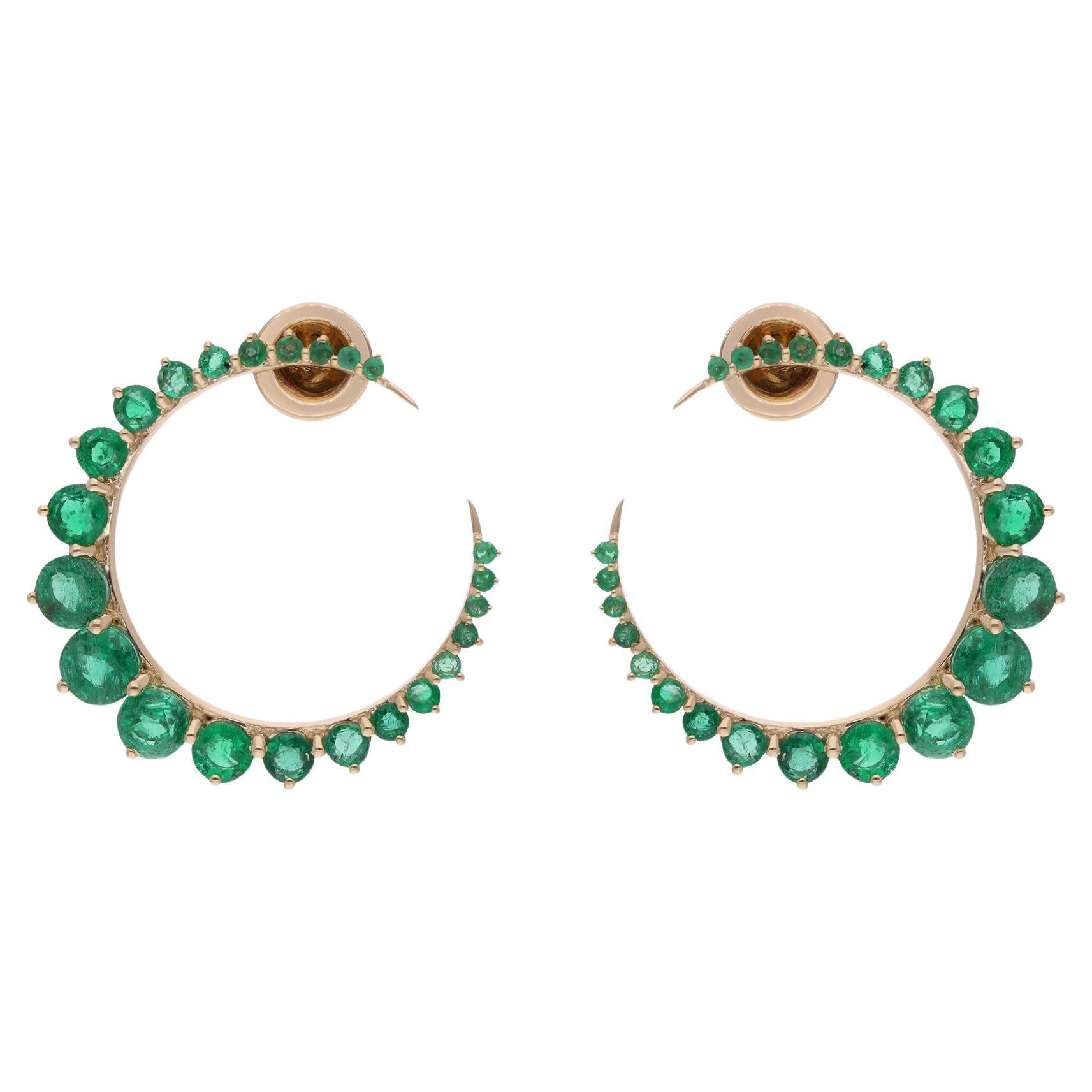Real Zambian Emerald Gemstone Crescent Moon Earrings 18 Karat Solid Yellow Gold For Sale