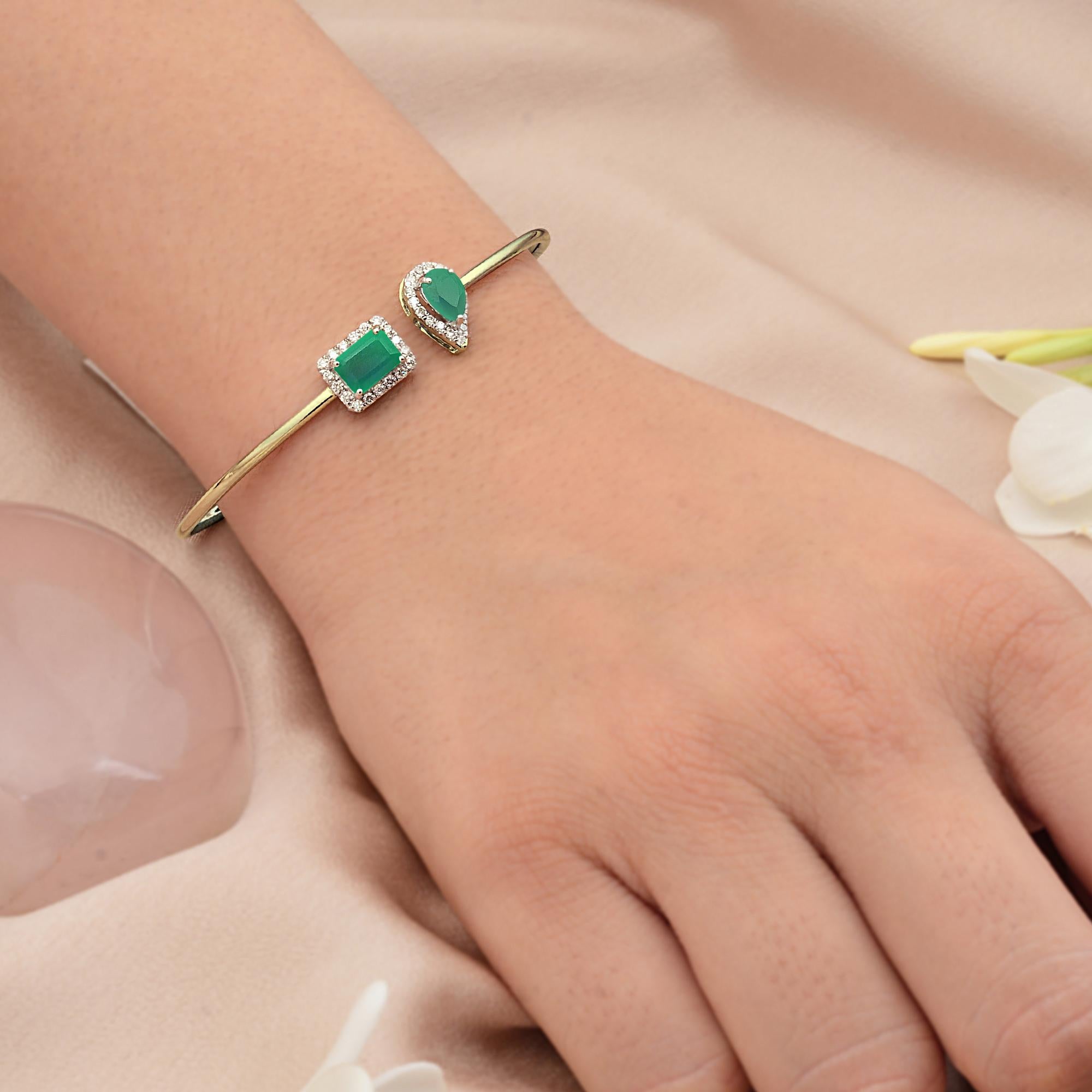 Natural Emerald Gemstone Cuff Bangle Bracelet Pave Diamond 14 Karat Yellow Gold For Sale 1