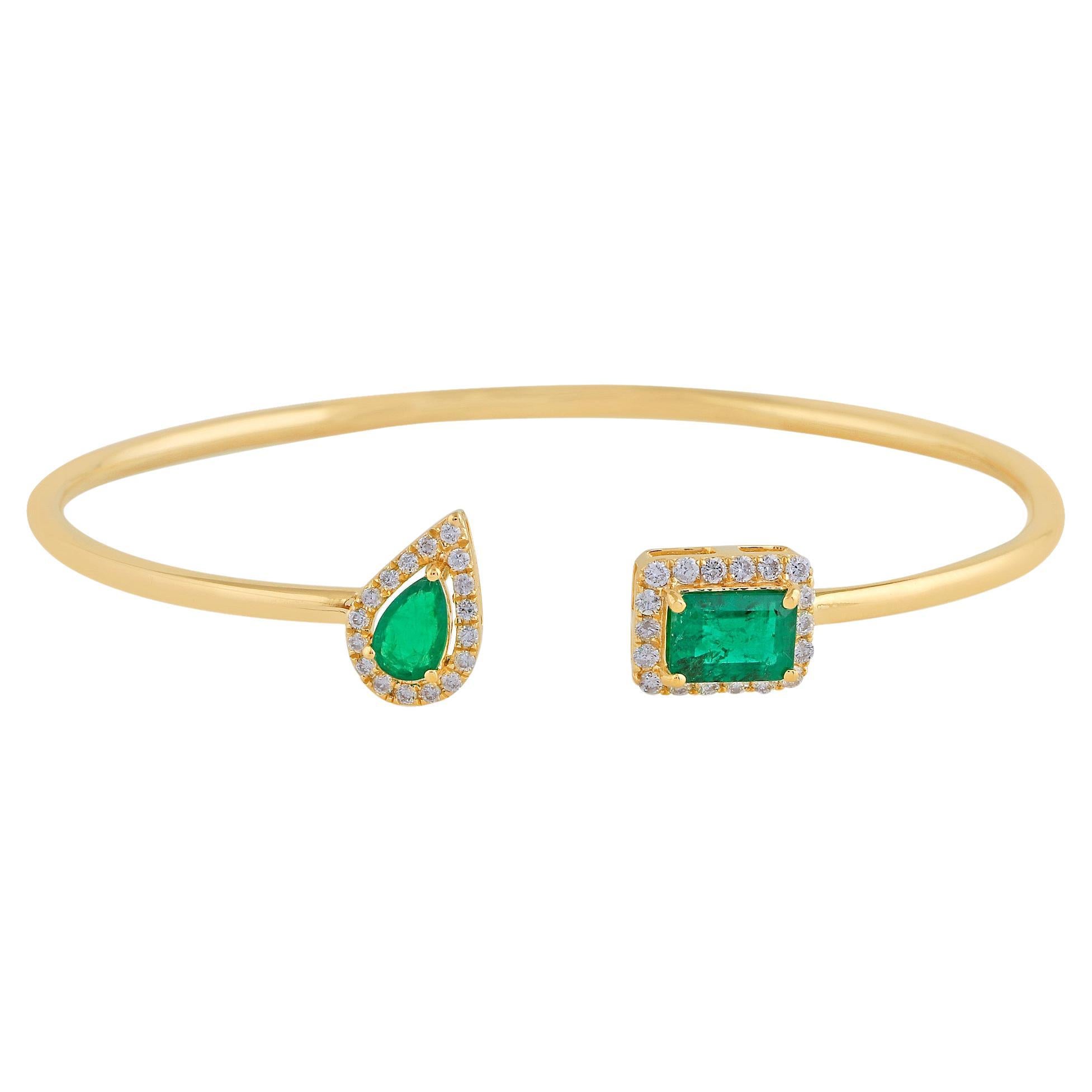 Natural Emerald Gemstone Cuff Bangle Bracelet Pave Diamond 14 Karat Yellow Gold For Sale