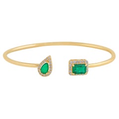 Natural Emerald Gemstone Cuff Bangle Bracelet Pave Diamond 14 Karat Yellow Gold