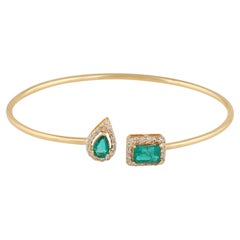 Esmeralda Natural Gemstone Cuff Bangle Bracelet Pave Diamond 14 Karat Yellow Gold