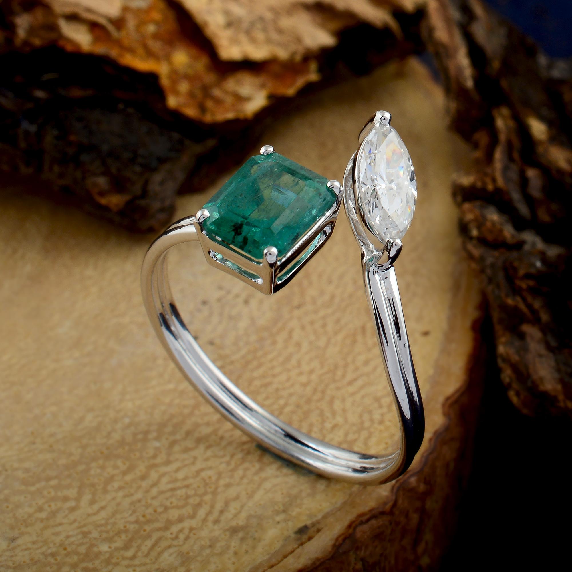 Esmeralda natural Gemstone Cuff Ring Marquise Diamond 18k White Gold Fine Jewelry Corte marquesa en venta