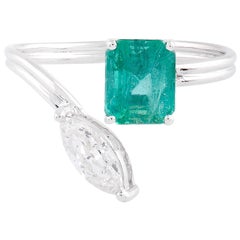 Natural Emerald Gemstone Cuff Ring Marquise Diamond 18k White Gold Fine Jewelry